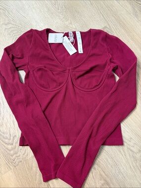 NWT ANWND Burgundy Ribbed Corset Long Sleeve Top night out seamless stretch
